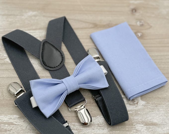 Periwinkle Bow Tie & Dark Gray Suspenders Set - Ring Bearer Groomsman Outfit, Rustic Wedding, Pocket Square, All Sizes Baby to Adult