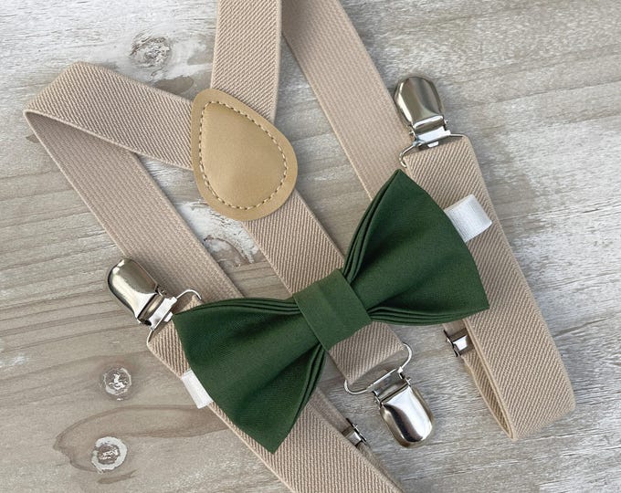 Hunter Green Bow Tie & Champagne Suspenders Set - Ring Bearer and Groomsman Outfit, Rustic Wedding, All Sizes Baby to Adult