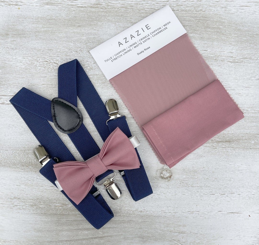 Dusty Rose Bow Tie & Navy Blue Suspenders , Men's Pocket Square , Boy's  Ring Bearer Gift , Groomsmen Gift , Wedding Groom Outfit 