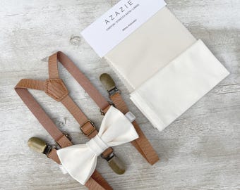 Alabaster Bow Tie & Skinny Leather Suspenders Set - Ring Bearer and Groomsman Outfit, Ecru Pocket Square, All Sizes Baby to Adult