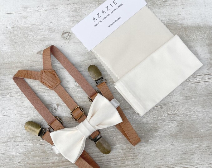 Alabaster Bow Tie & Skinny Leather Suspenders Set - Ring Bearer and Groomsman Outfit, Ecru Pocket Square, All Sizes Baby to Adult