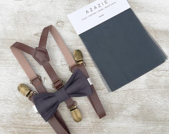 Dark Gray Bow Tie & Skinny Leather Suspenders Set - Ring Bearer and Groomsman Outfit, Rustic Wedding, All Sizes Baby to Adult
