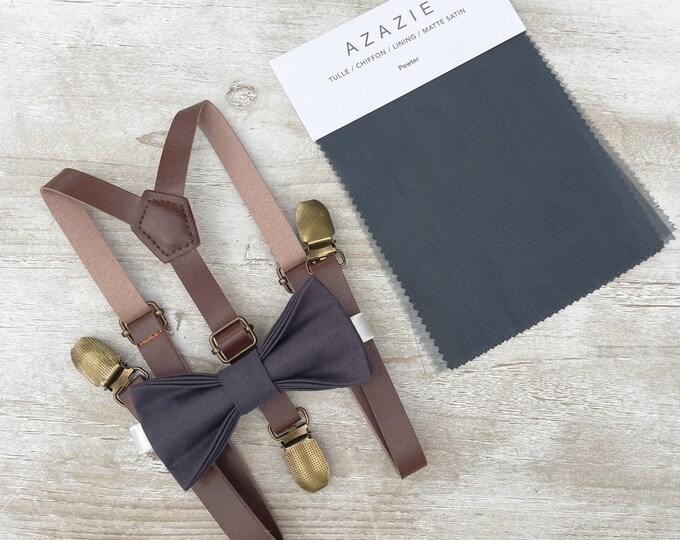 Dark Gray Bow Tie & Skinny Leather Suspenders , Brown Braces , Men's Pewter Bow , Boy's Ring Bearer gift , Groomsmen Wedding outfit