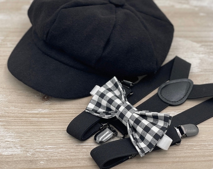 Newsboy Cap, Suspenders, Plaid Black White Bow Tie, Ring Bearer Outfit, Cake Smash Outfit, Page Boy Cap, Wedding Set, Applejack Hat