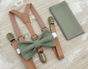 Moss Bow Tie and Suspenders – All Sizes for Men and Boys, Skinny Leather Suspenders, Pocket Square, Ring Bearer Outfit, Boho Rustic Wedding