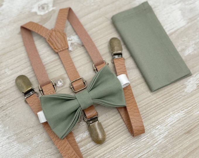 Moss Bow Tie and Suspenders – All Sizes for Men and Boys, Skinny Leather Suspenders, Pocket Square, Ring Bearer Outfit, Boho Rustic Wedding