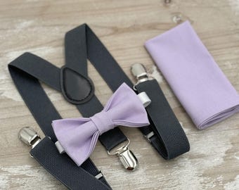 Lavender Bow Tie & Charcoal Suspenders Set - Ring Bearer and Groomsman Outfit, Rustic Wedding, Pocket Square, All Sizes Baby to Adult