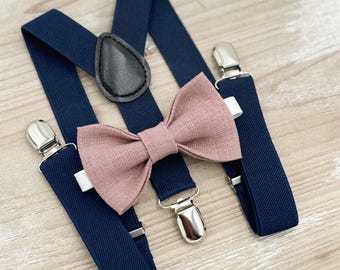 Linen Dusty Rose Bow Tie & Navy Suspenders Set - Ring Bearer and Groomsman Outfit, Rustic Wedding, All Sizes Baby to Adult