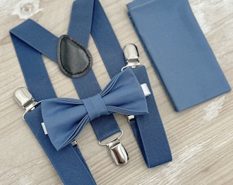 Dark Steel Blue Bow Tie & Suspenders – Ring Bearer Outfit, All Sizes Baby to Adult, Groomsman Gift, Pocket Square, Boho Wedding Set