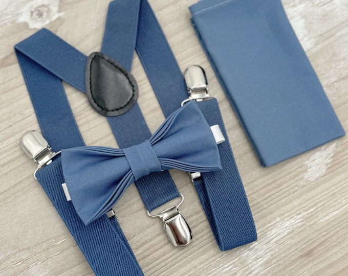 Dark Steel Blue Bow Tie & Suspenders – Ring Bearer Outfit, All Sizes Baby to Adult, Groomsman Gift, Pocket Square, Boho Wedding Set
