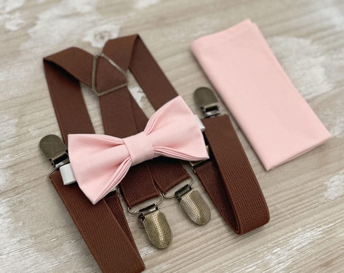 Blush Bow tie & Suspenders, Brown X - Back Braces, Petal Bow Tie, Pocket Square, Ring Bearer Outfit, Boho Wedding