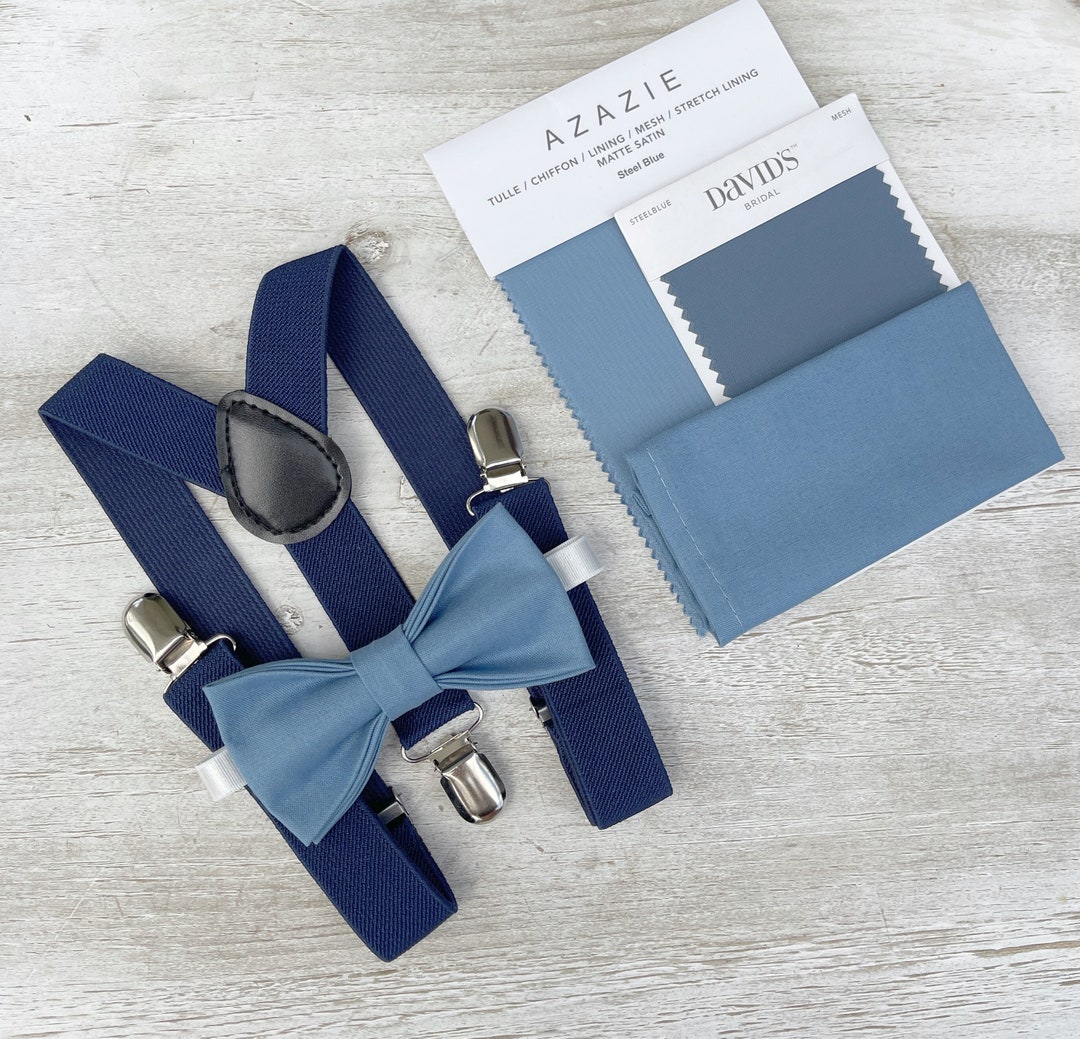 Steel Blue Bow Tie & Navy Suspenders , Men's Pocket Square , Boy's Ring