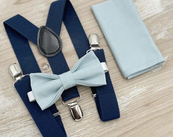 Mist Bow Tie & Navy Suspenders Set - Ring Bearer and Groomsman Outfit, Rustic Wedding, Dusty Blue Pocket Square, All Sizes Baby to Adult