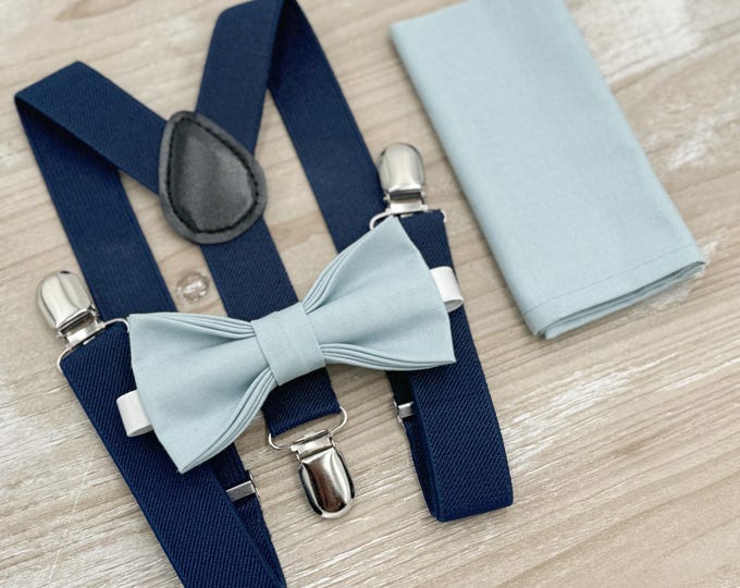 Mist Bow tie & Suspenders, Navy Marine Braces, Sky Blue Bow, Dusty Blue Bowtie, Pocket Square, Ring Bearer Outfit, Boho Rustic Wedding