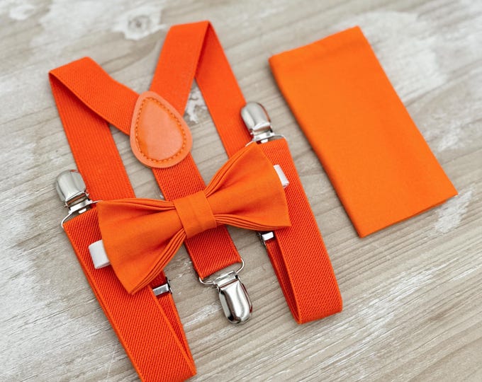 Orange Bow Tie & Suspenders Set - Ring Bearer and Groomsman Outfit, Rustic Wedding, Pocket Square, All Sizes Baby to Adult