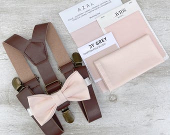 Blushing Pink Bow Tie & Leather Suspenders Set - Ring Bearer and Groomsman Outfit, Rustic Wedding, Pocket Square, All Sizes Baby to Adult