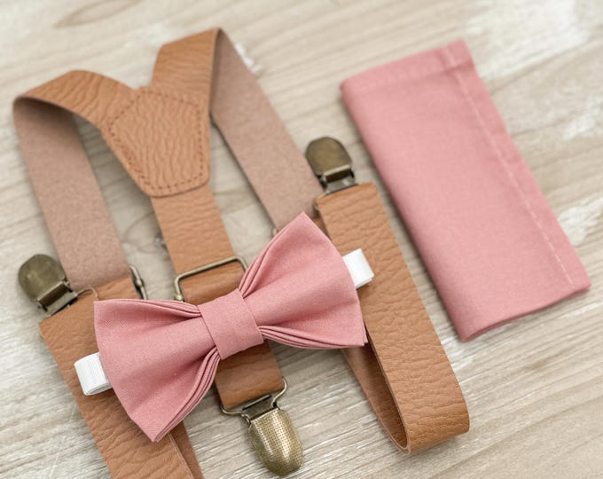 Champagne Rose Bow Tie & Leather Suspenders Set - Ring Bearer and Groomsman Outfit, Rustic Wedding, Pocket Square, All Sizes Baby to Adult