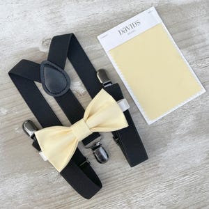 Yellow Bow Tie & Black Suspenders – All Sizes Baby to Adult, Buttercup Bow, Ring Bearer Groomsman Gift, Pocket Square, Canary Wedding Set