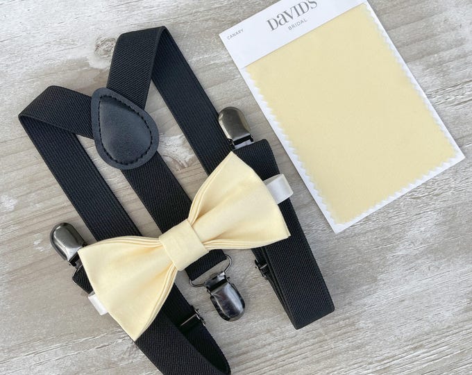Yellow Bow Tie & Black Suspenders – All Sizes Baby to Adult, Buttercup Bow, Ring Bearer Groomsman Gift, Pocket Square, Canary Wedding Set