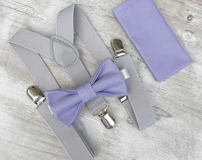Lavender Bow Tie & Light Gray Suspenders Set - Ring Bearer and Groomsman Outfit, Rustic Wedding, Pocket Square, All Sizes Baby to Adult