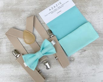 Aqua Bow Tie & Champagne Suspenders Set - Ring Bearer and Groomsman Outfit, Rustic Wedding, Pocket Square, All Sizes Baby to Adult