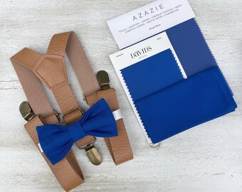 Royal Blue Bow Tie & Leather Suspenders Set - Ring Bearer and Groomsman Outfit, Rustic Wedding, Pocket Square, All Sizes Baby to Adult