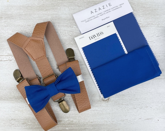 Royal Blue Bow Tie & Leather Suspenders Set - Ring Bearer and Groomsman Outfit, Rustic Wedding, Pocket Square, All Sizes Baby to Adult