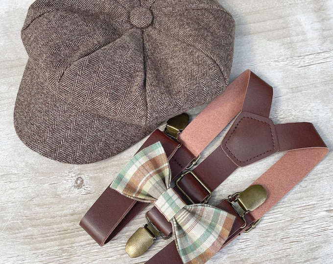 Newsboy Cap Outfit for Baby to Adult - Ring Bearer & Groomsman Wedding Set with Plaid Bow Tie and Leather Suspenders, Gatsby Flat Cap