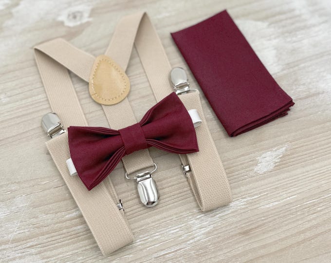 Cabernet Bow Tie & Suspenders, Wine Bowtie Set, Champagne Tan Braces, Groomsman Gift, Ring Bearer Wedding Outfit, All Sizes Men and Boys