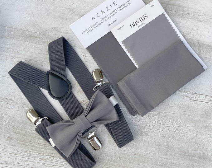 Gray Bow Tie & Dark Gray Suspenders Set - Ring Bearer and Groomsman Outfit, Rustic Wedding, Pocket Square, All Sizes Baby to Adult