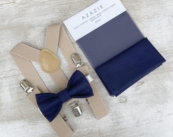 Stormy Blue Bow Tie & Champagne Suspenders Set - Ring Bearer and Groomsman Outfit, Rustic Wedding, Pocket Square, All Sizes Baby to Adult