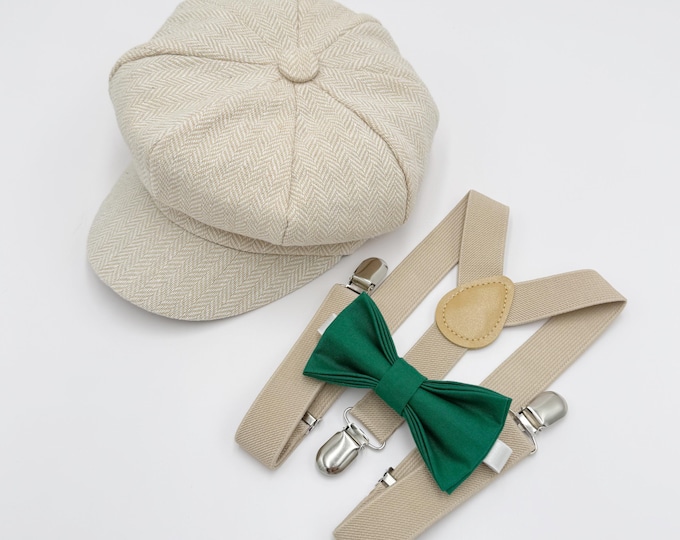 Newsboy Cap Outfit for Baby to 10 Years - Ring Bearer Set with Emerald Bow Tie & Champagne Suspenders, Page Boy Wedding, Gatsby Flat Cap
