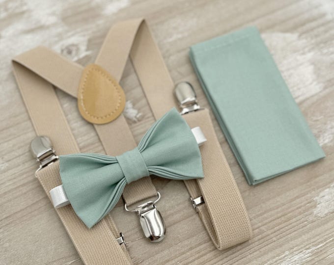Dusty Sage Bow Tie & Champagne Suspenders – Ring Bearer Outfit, All Sizes Baby to Adult, Groomsman Gift, Pocket Square, Boho Wedding Set
