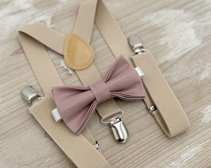 Dusty Mauve Bow tie & Suspenders, Champagne Tan Braces, Quartz Bowtie, Pocket Square, Ring Bearer Outfit, Boho Rustic Wedding