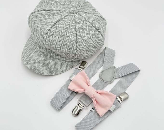 Newsboy Cap, Gatsby Flat Cap, Gray Suspenders & Blush Pink Bow Tie - Baby to Adult Sizes, Ring Bearer Outfit, Page Boy Wedding Set