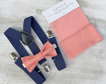 Coral Bow Tie & Navy Blue Suspenders - Ring Bearer and Groomsman Outfit, Rustic Wedding, Pocket Square, All Sizes Baby to Adult