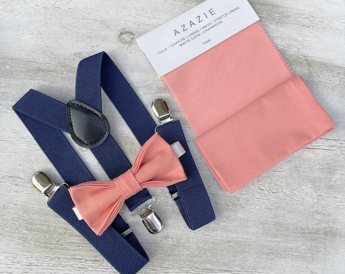 Coral Bow Tie & Navy Blue Suspenders - Ring Bearer and Groomsman Outfit, Rustic Wedding, Pocket Square, All Sizes Baby to Adult
