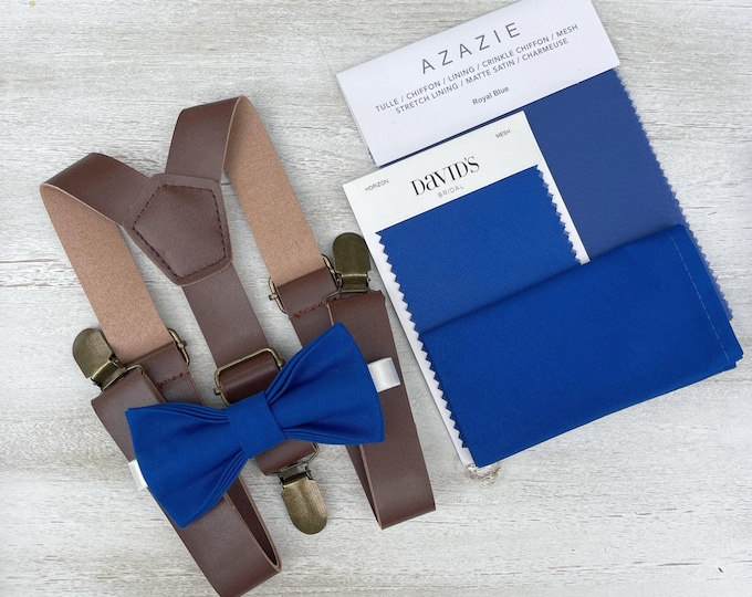 Royal Blue Bow Tie & Leather Suspenders Set - Ring Bearer and Groomsman Outfit, Rustic Wedding, Pocket Square, All Sizes Baby to Adult