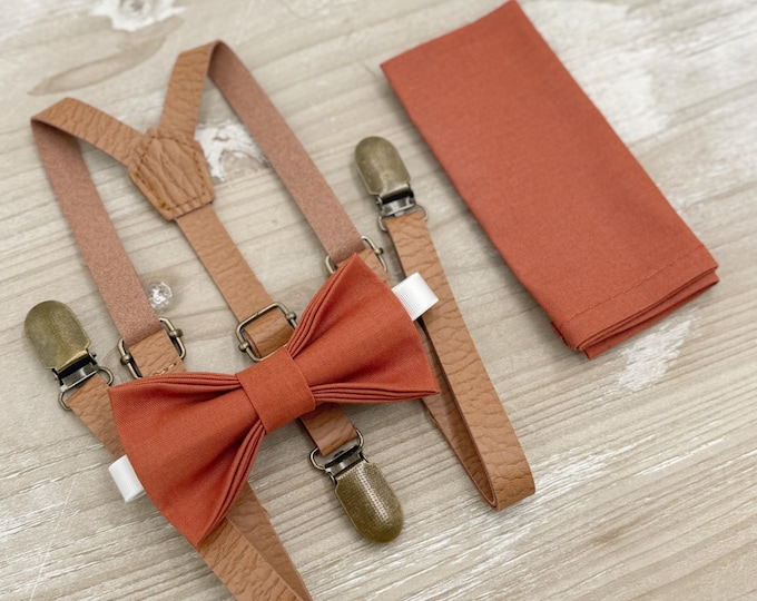 Paprika Bow tie & Suspenders | Skinny Leather Light Brown Braces | Sienna Bow | Pocket Square | Ring Bearer Outfit | Boho Rustic Wedding