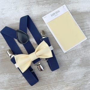 Yellow Bow Tie & Navy Suspenders – All Sizes Baby to Adult, Buttercup Bow, Ring Bearer Groomsman Gift, Pocket Square, Canary Wedding Set