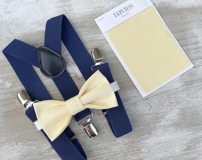 Yellow Bow Tie & Navy Suspenders – All Sizes Baby to Adult, Buttercup Bow, Ring Bearer Groomsman Gift, Pocket Square, Canary Wedding Set