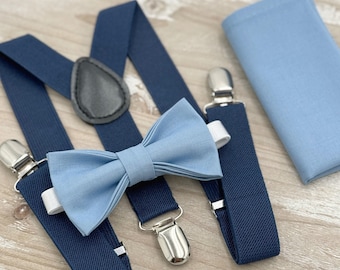 Steel Bow Tie & Navy Blue Suspenders Set - Ring Bearer and Groomsman Outfit, Rustic Wedding, Pocket Square, All Sizes Baby to Adult