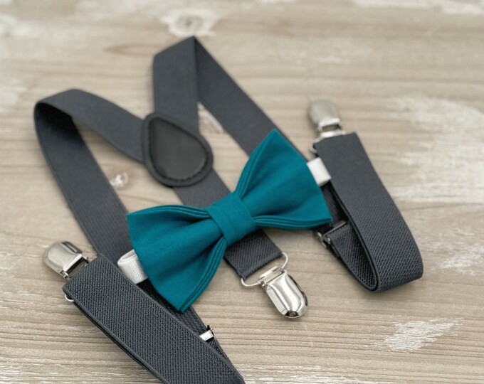 Oasis Bow tie & Suspenders | Charcoal Dark Gray Braces | Pocket Square | Ring Bearer Outfit | Boho Wedding | Groomsman Gift