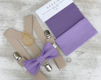 Tahiti Purple Bow Tie & Champagne Suspenders – Ring Bearer and Groomsman Outfit, Rustic Boho Wedding, Pocket Square, Toddler to Adult Sizes
