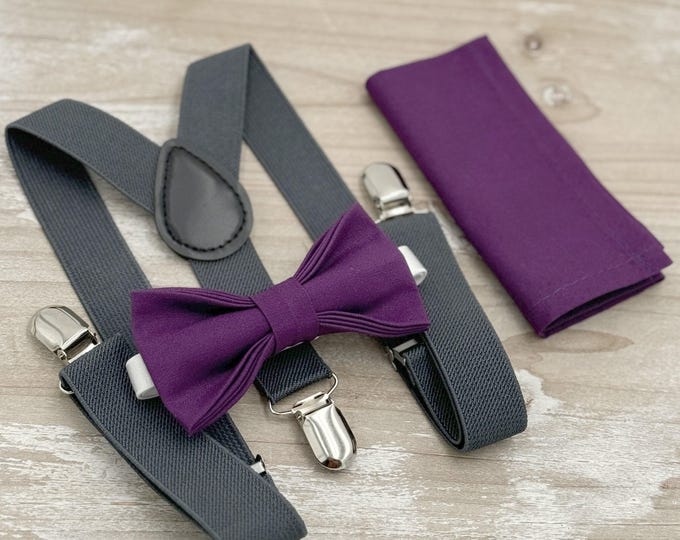 Plum Bow tie & Suspenders, Dark Gray Braces, Pocket Square, Ring Bearer Outfit, Boho Rustic Wedding, Groomsman Gift, Grape Bow Tie
