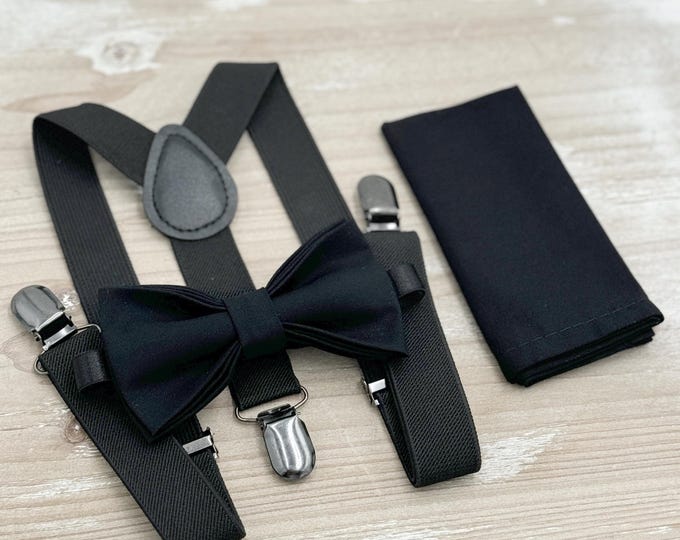 Black Bow Tie & Suspenders Set - Ring Bearer and Groomsman Outfit, Rustic Wedding, Pocket Square, All Sizes Baby to Adult