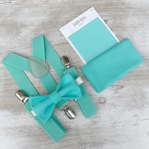 Spa Bow Tie Bow Tie & Mint Suspenders Set - Ring Bearer and Groomsman Outfit, Rustic Wedding, Pocket Square, All Sizes Baby to Adult