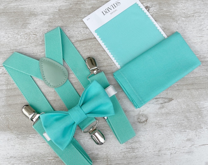 Spa Bow tie & Suspenders, Mint Braces, Pocket Square, Ring Bearer Outfit, Rustic Boho Wedding, Turquoise Bow, Groomsman Gift