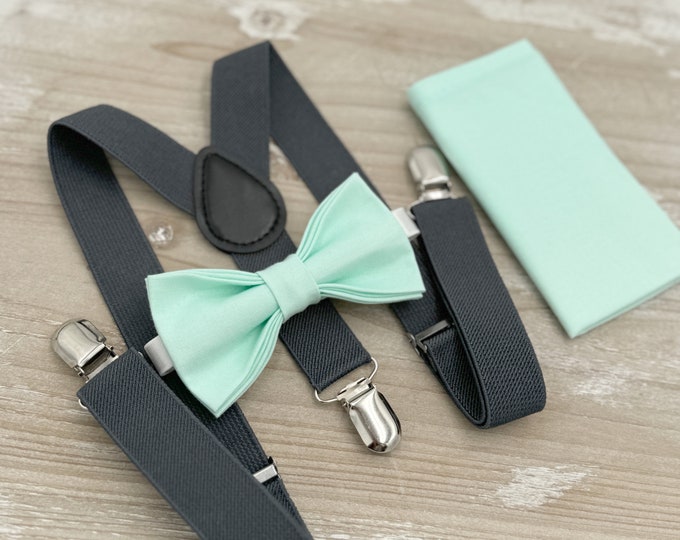 Mint Bow tie & Suspenders | Charcoal Dark Gray Braces | Pocket Square | Ring Bearer Outfit | Boho Wedding | Groomsman Gift