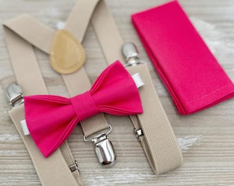 Fuchsia Bow Tie & Champagne Suspenders Set - Ring Bearer and Groomsman Outfit, Rustic Wedding, Pocket Square, All Sizes Baby to Adult